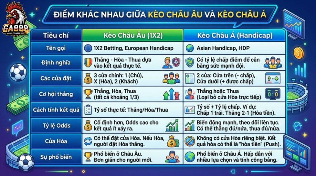 Điểm khác nhau giữa kèo châu Âu và kèo châu Á